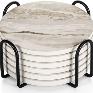 LIFVER Coasters Set of 6, Coasters for Drinks Absorbent Stone with Holder, Black Marble Style Ceramic Drink Coaster for Tabletop Protection, Coffee Table Decor Ideal for Home Decor House Warming Gifts